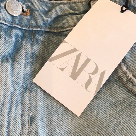 Zara denim up-cycled look raw hem spaghetti strap cotton cropped top Small NWT - Picture 5 of 7